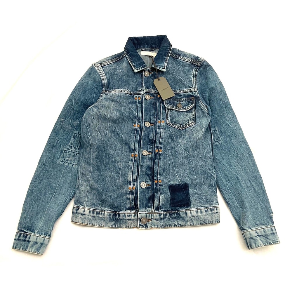 NEW AllSaints Decker Denim Trucker‎ Jacket Mens Small Indigo Blue Patchwork